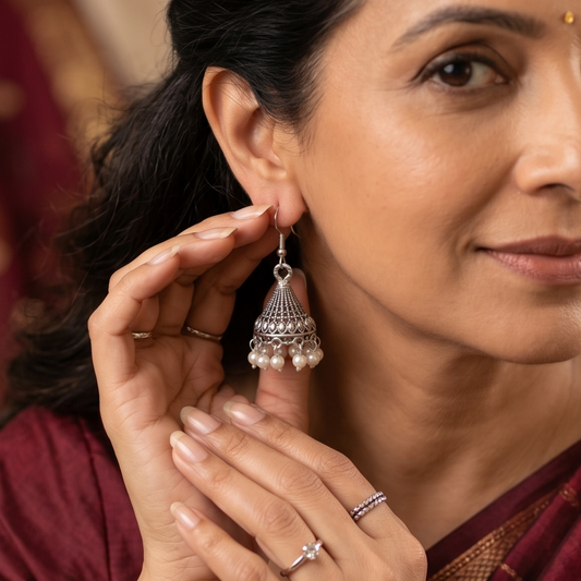 Oxidised Silver Pearl Jhumka Earrings