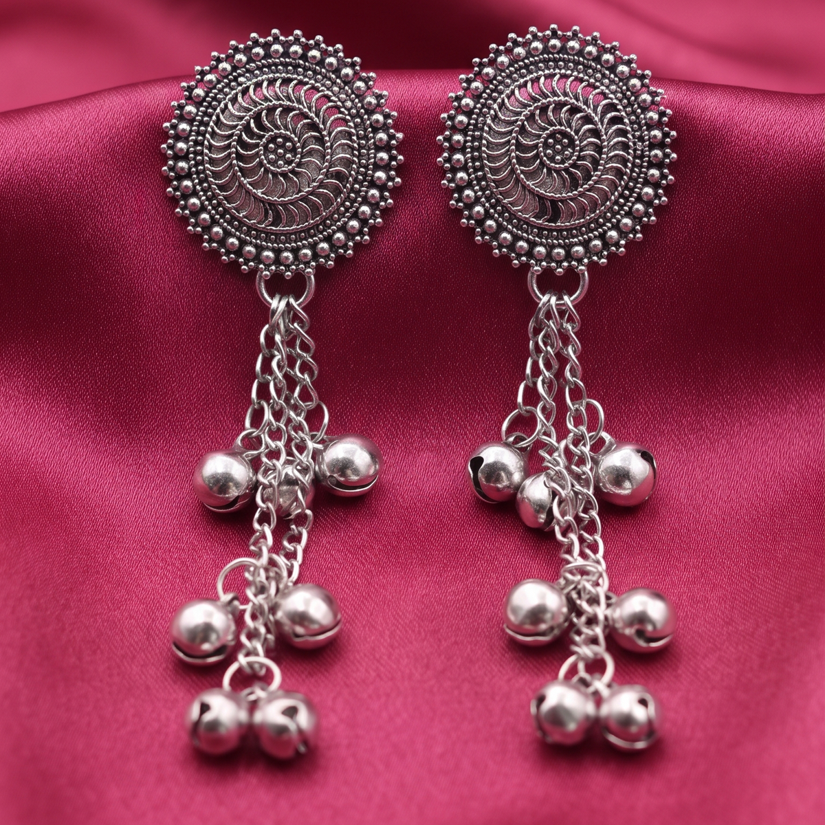 Traditional Oxidised Silver Spiral Stud Long Chain Earrings with Ghungroo Charms for Women