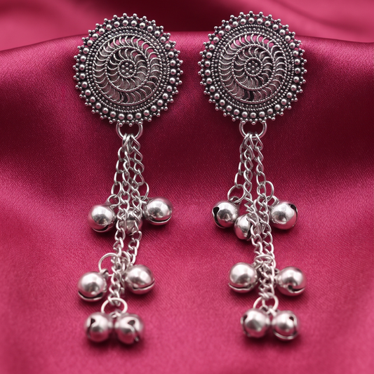 Traditional Oxidised Silver Spiral Stud Long Chain Earrings with Ghungroo Charms for Women