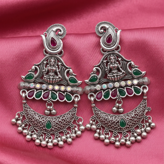 Traditional Oxidised Silver Laxmi Chandbali Jhumka Earrings with Multicolor Stones