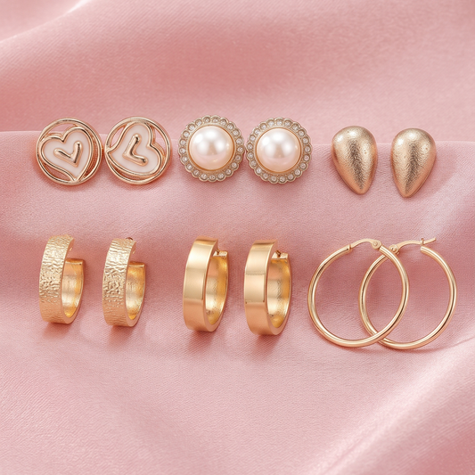 Trendy Gold-Tone 6 Pairs Stud & Hoop Earrings Combo Set for Women