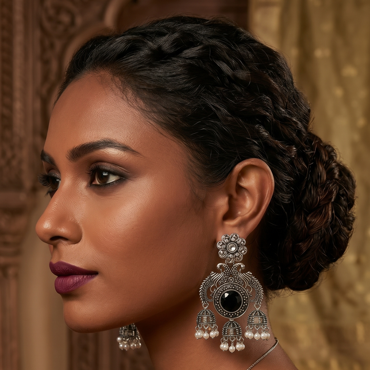 Oxidised Silver Peacock Chandbali Jhumka Earrings with Pearl Drops