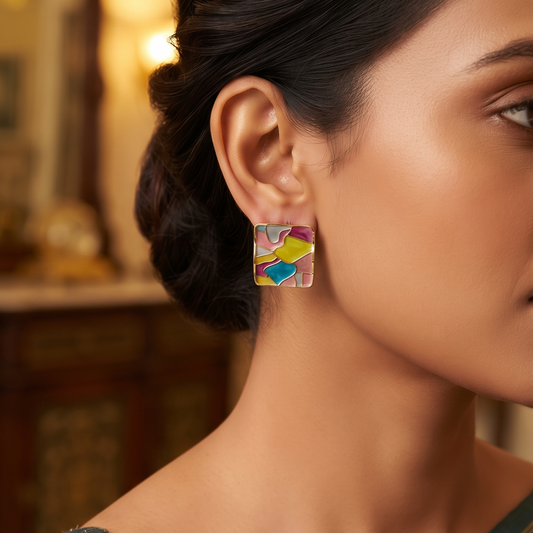 Multicolor Abstract Geometric Square Stud Earrings for Women