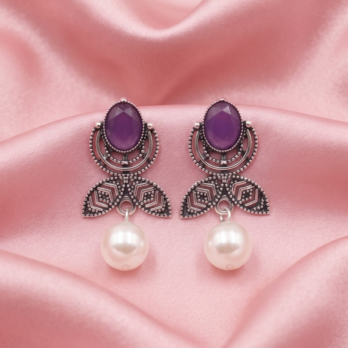 Oxidised Silver Multicolor Stone Pearl Drop Earrings
