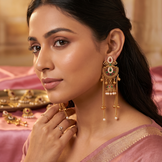 Antique Gold Multicolor Jhumka Tassel Earrings