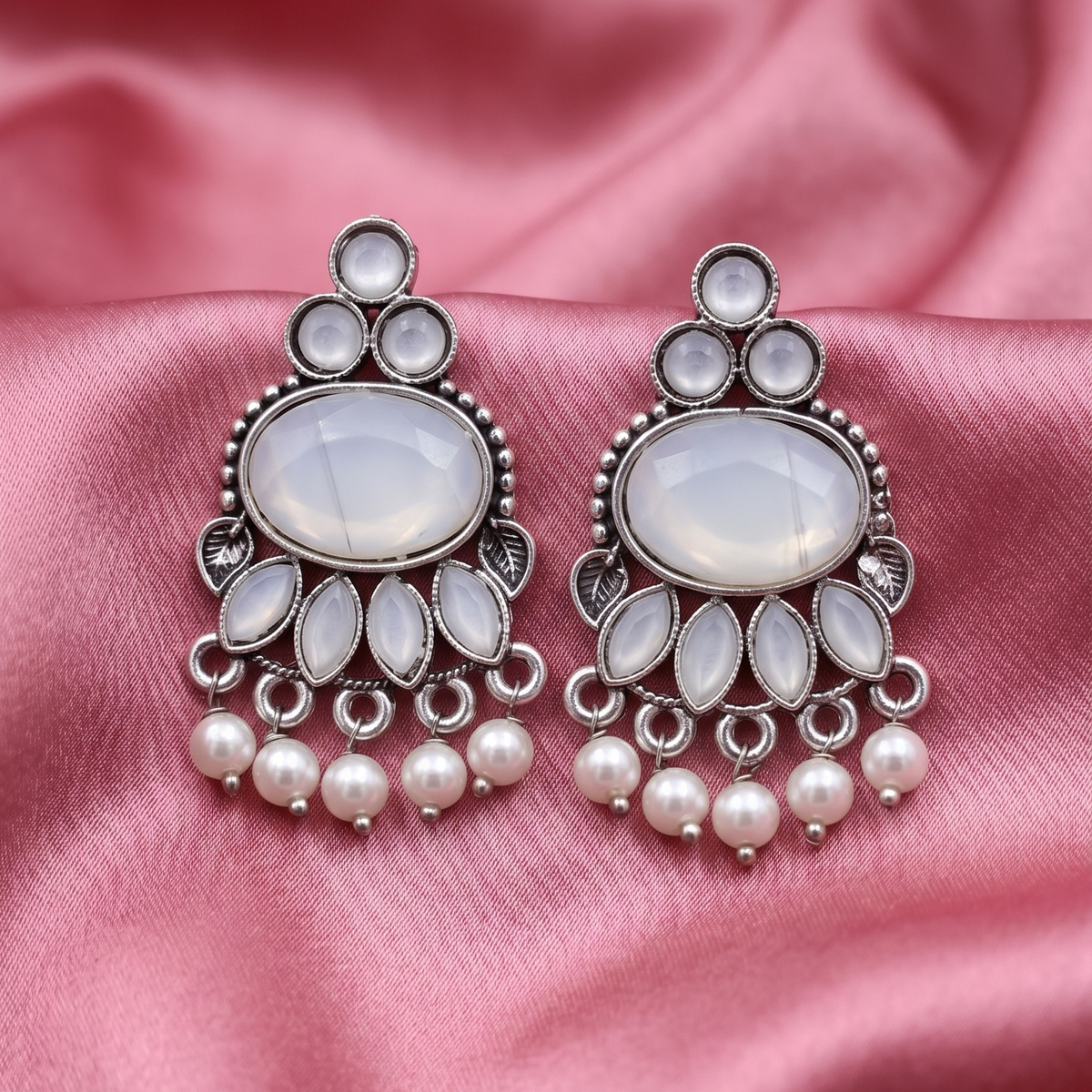 Oxidised Silver White Stone Pearl Drop Earrings