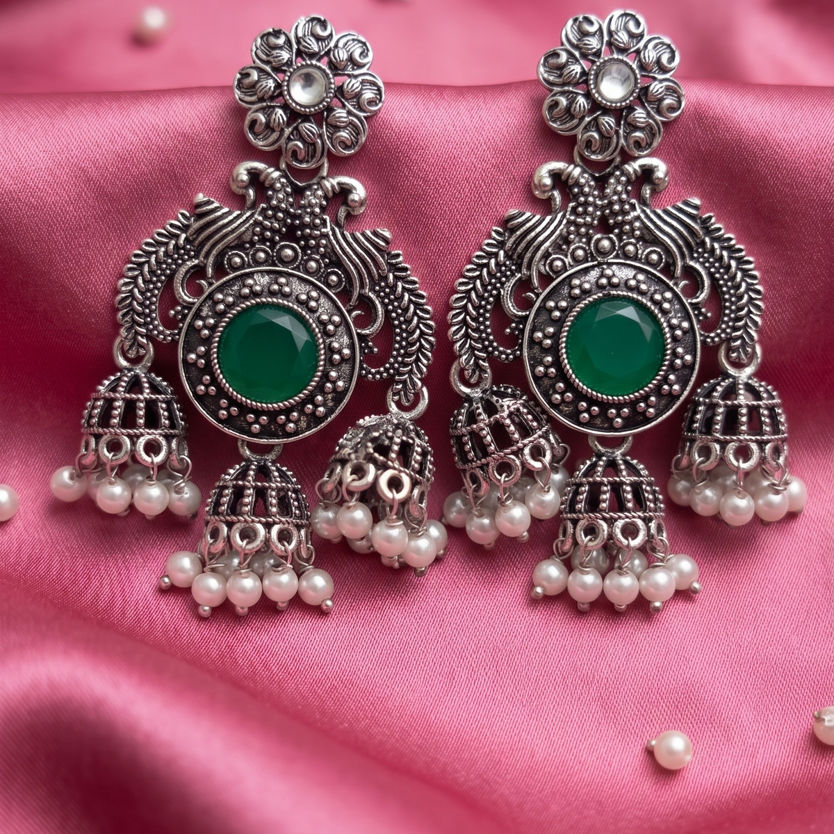 Oxidised Silver Peacock Chandbali Jhumka Earrings with Pearl Drops
