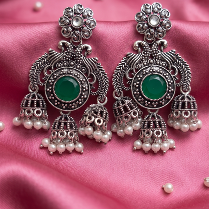 Oxidised Silver Peacock Chandbali Jhumka Earrings with Pearl Drops