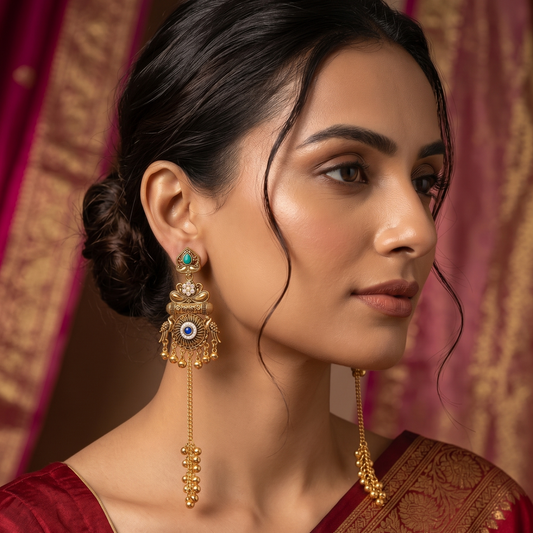 Antique Gold  Stone Tassel Earrings