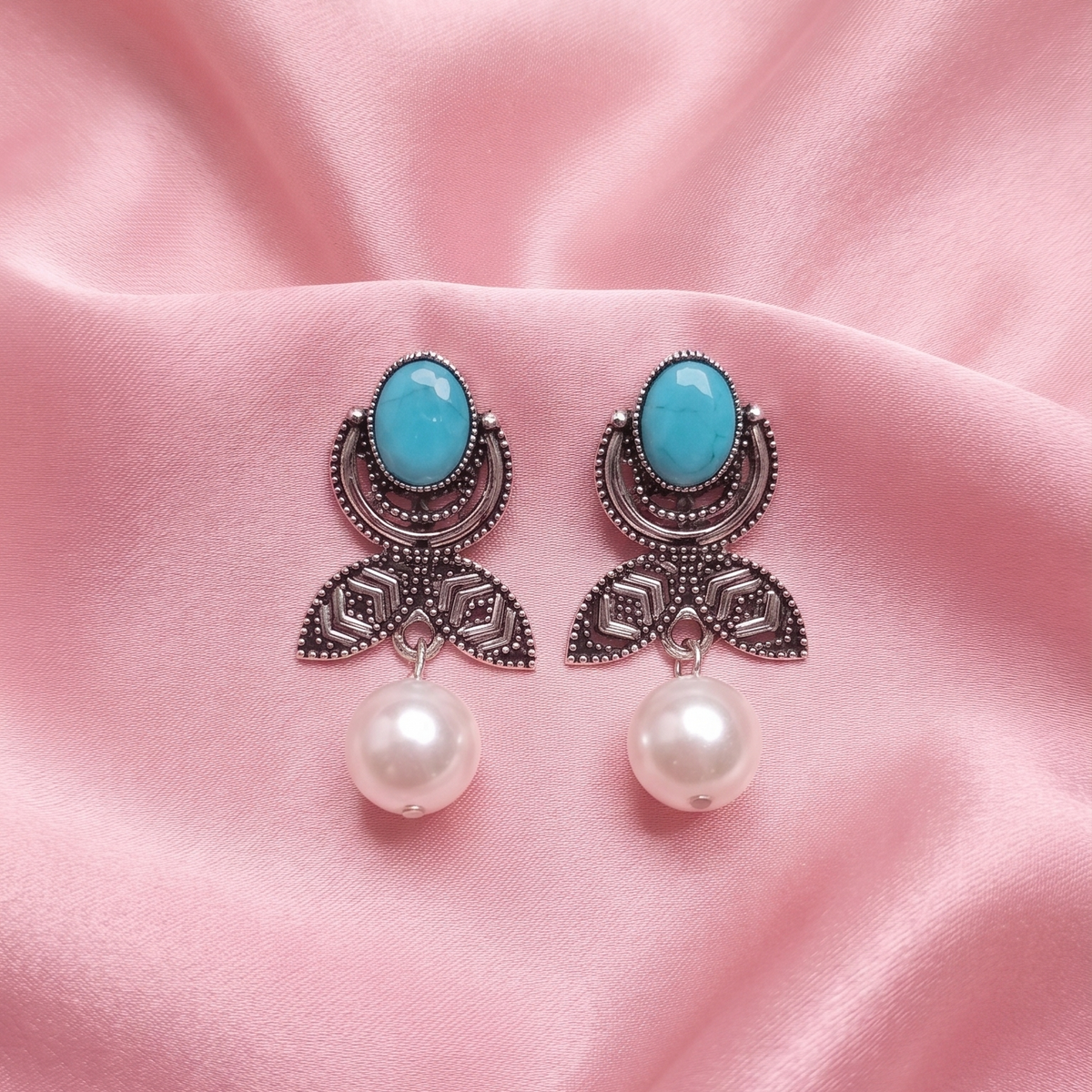 Oxidised Silver Multicolor Stone Pearl Drop Earrings