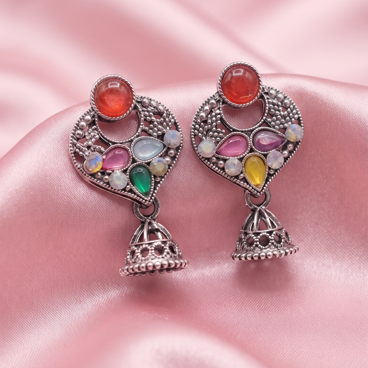 Multicolour Stone Studded Oxidised Silver Jhumka Earrings for Women