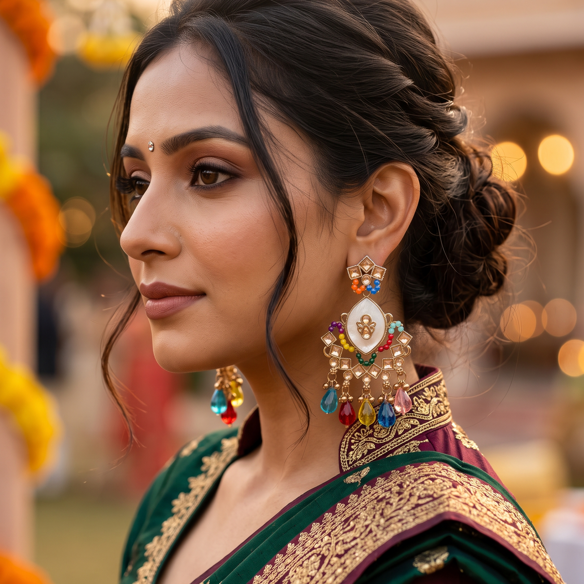 Multicolour Kundan Pearl Statement Chandbali Earrings for Women