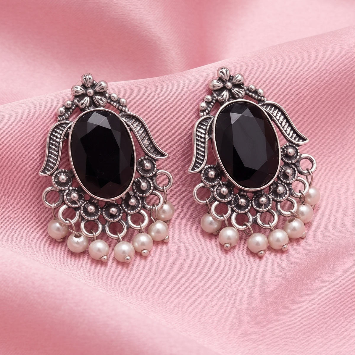 Oxidised Silver Oval Stone Earrings with Pearl Bead Drops