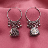 Traditional Oxidised Silver Hoop Earrings with Sparkling Stone Jhumka Drops