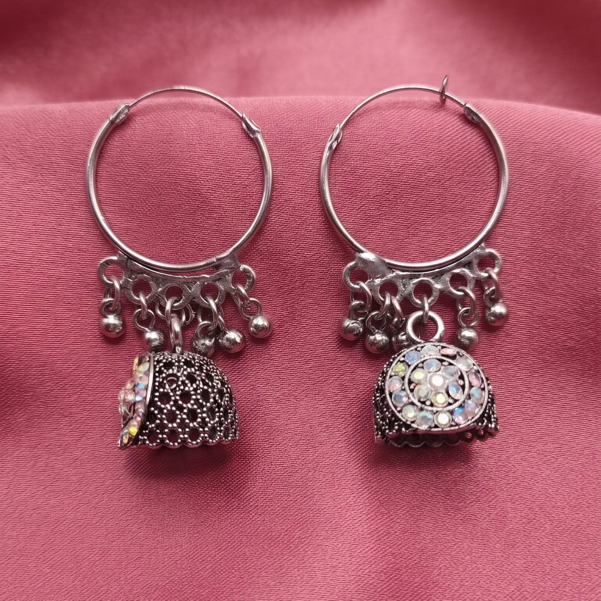 Traditional Oxidised Silver Hoop Earrings with Sparkling Stone Jhumka Drops
