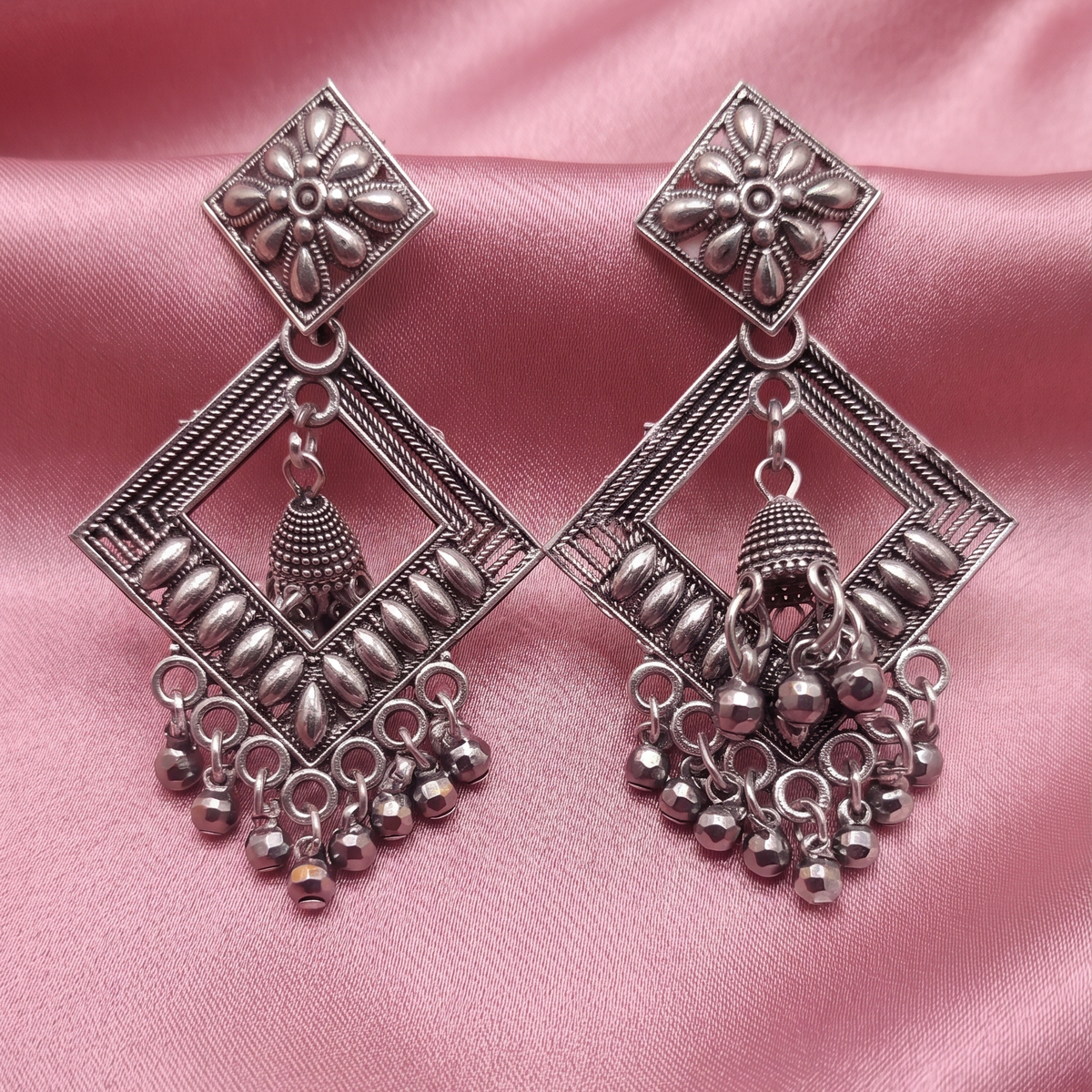 Oxidised Silver Geometric Square Jhumka Drop Earrings for Women