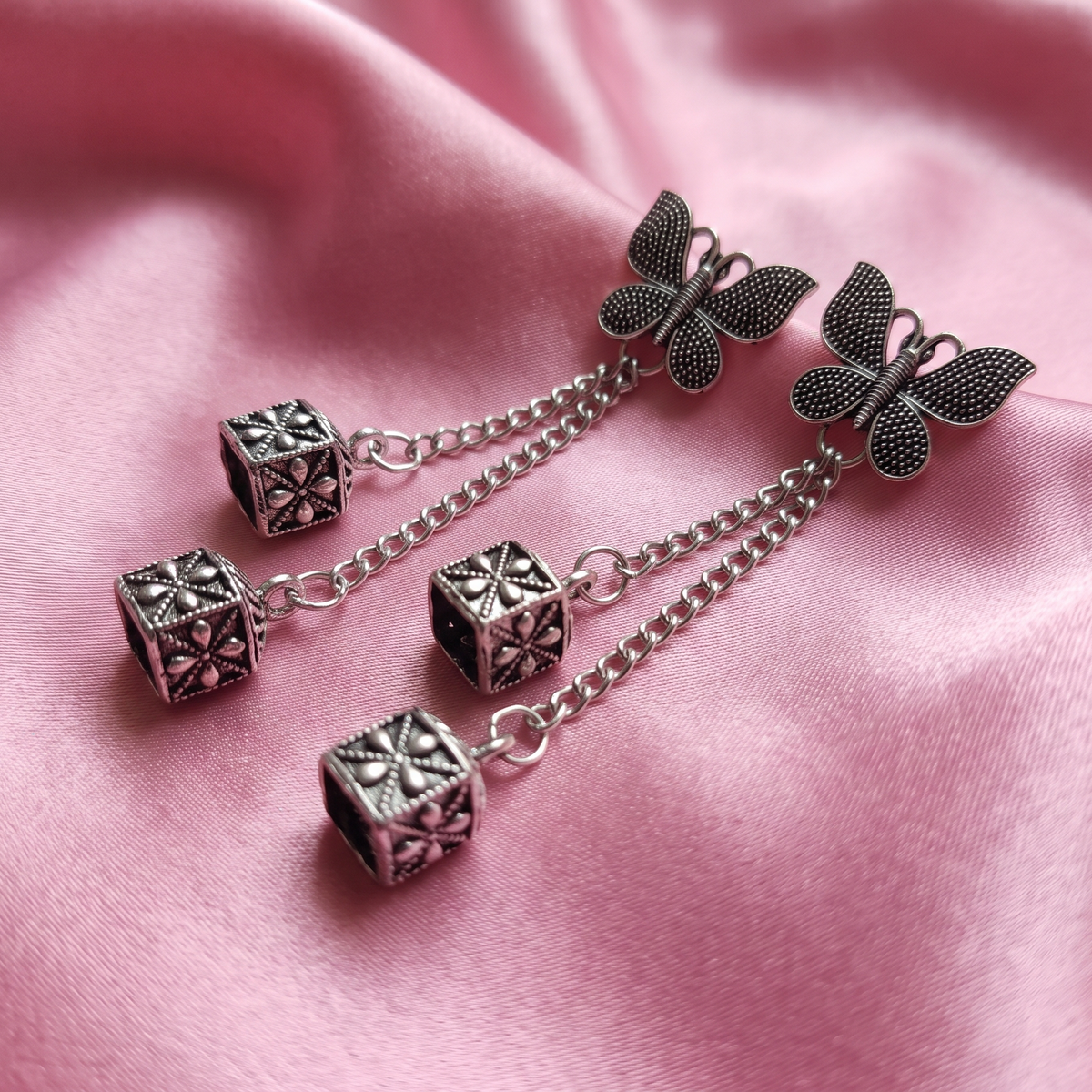 Traditional Oxidised Silver Butterfly Earrings with Floral Jhumka Chain Drops