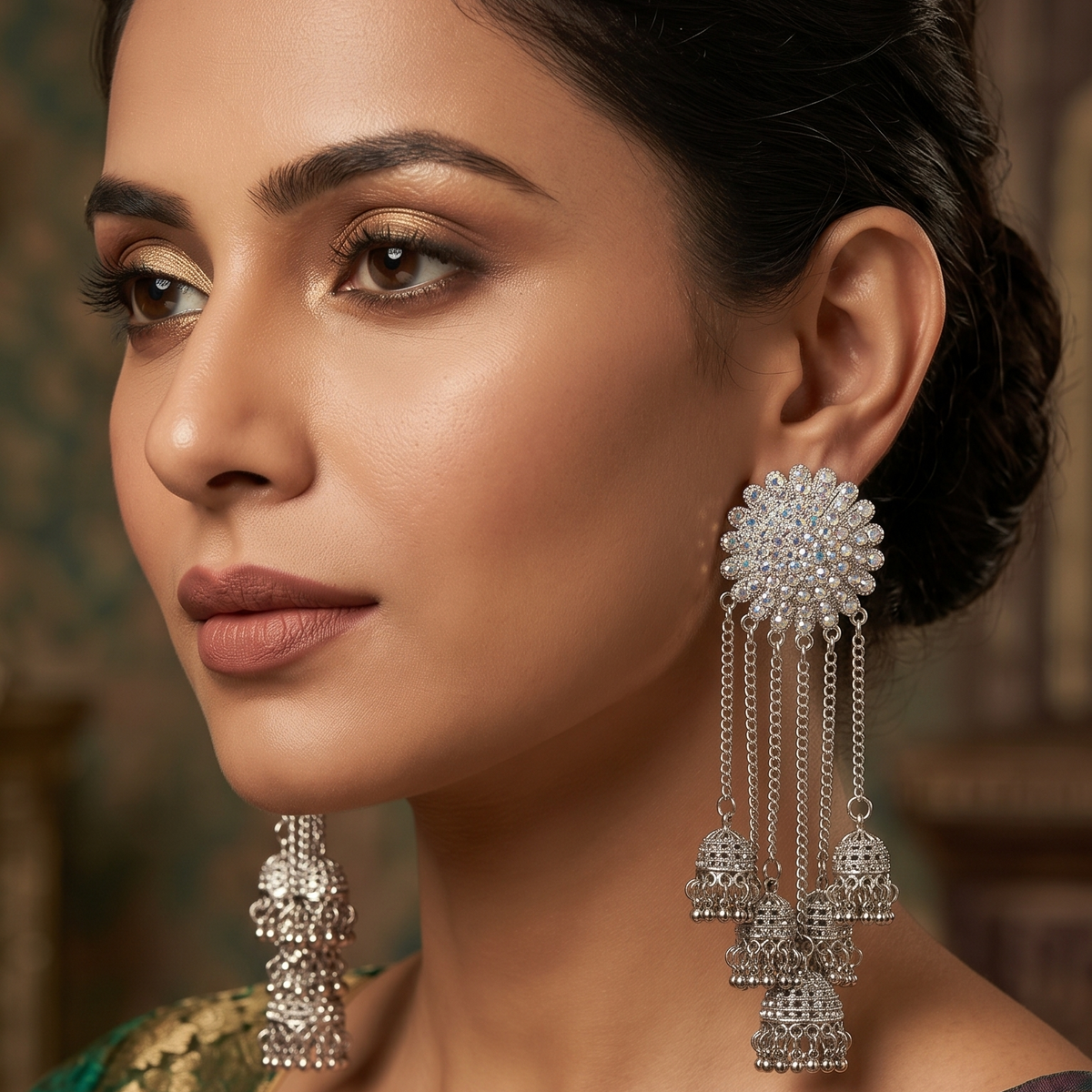 Silver Crystal Floral Chain Jhumka Earrings