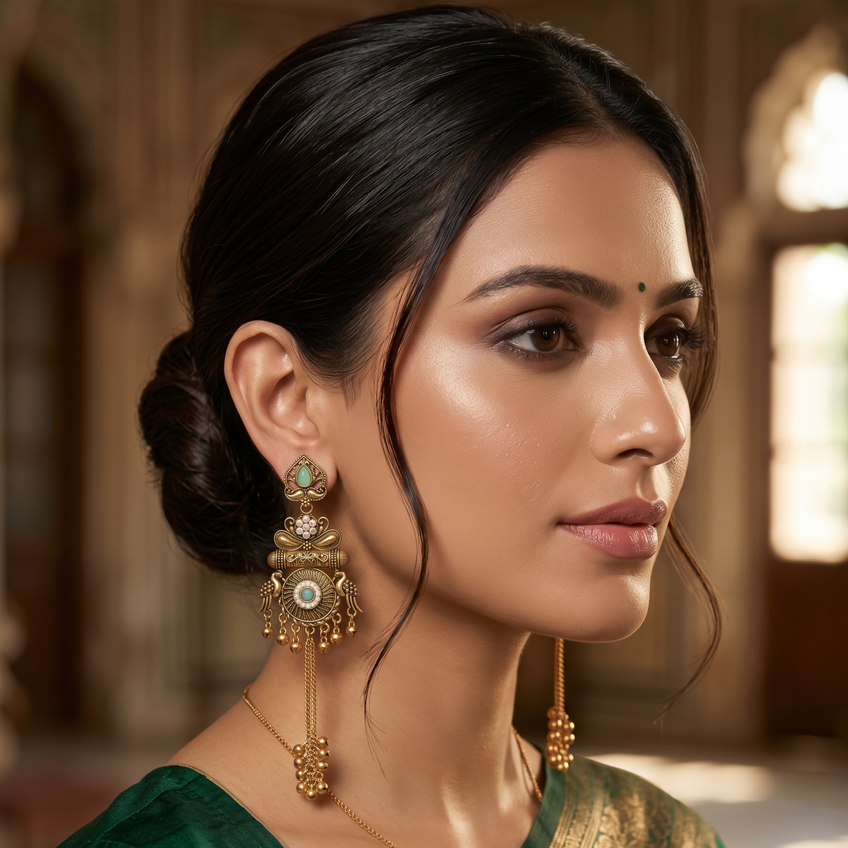 Antique Gold  Stone Tassel Earrings