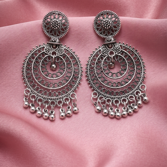 Traditional Oxidised Silver Round Chandbali Earrings with Intricate Filigree & Ghungroo Drops