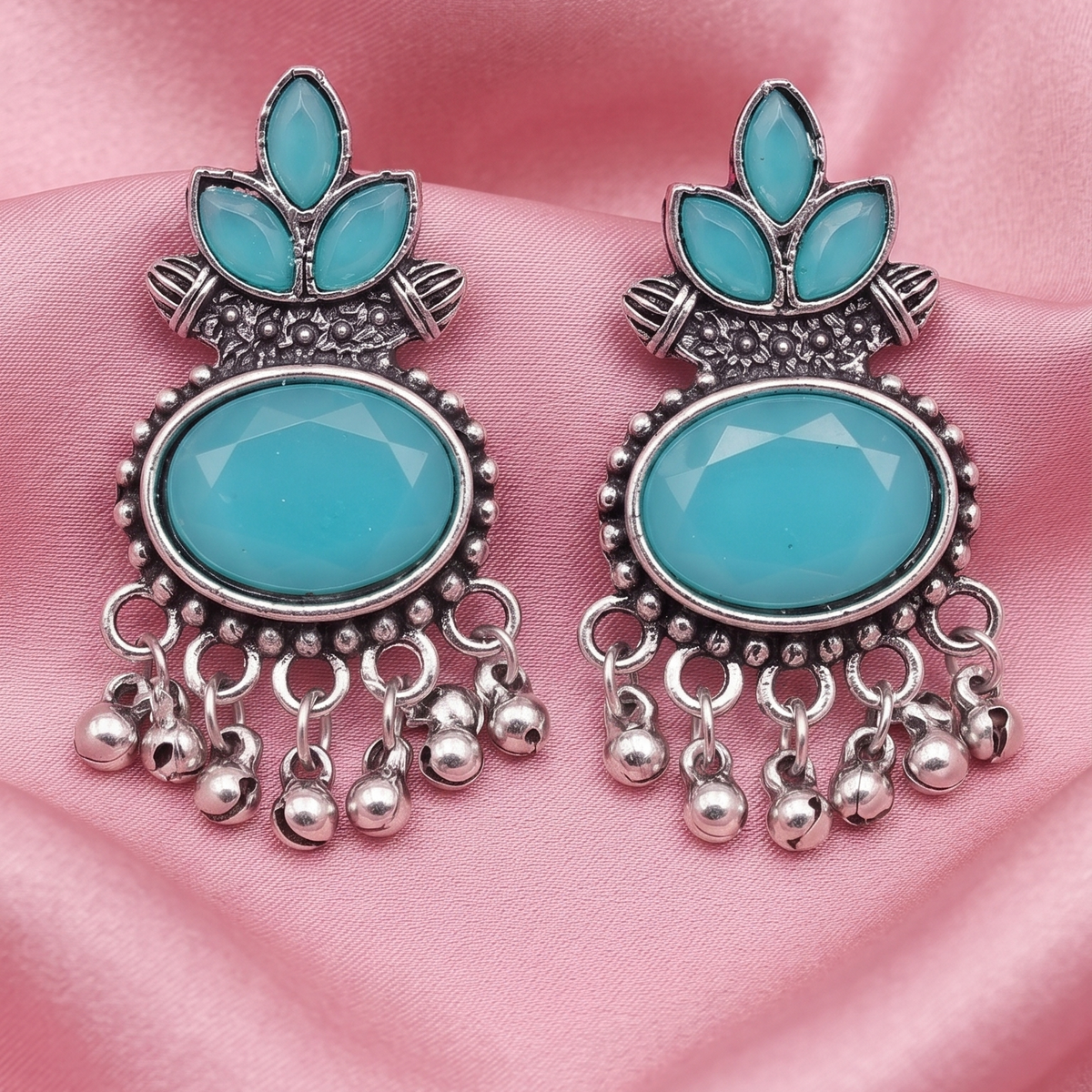 Oxidised Silver Lotus Stone Drop Earrings with Ghungroo Beads