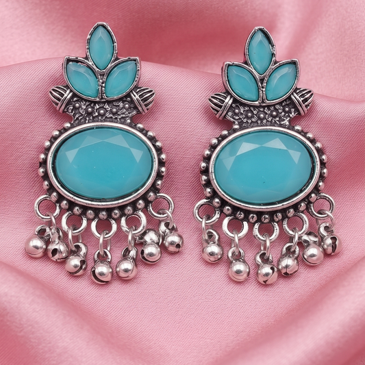 Oxidised Silver Lotus Stone Drop Earrings with Ghungroo Beads