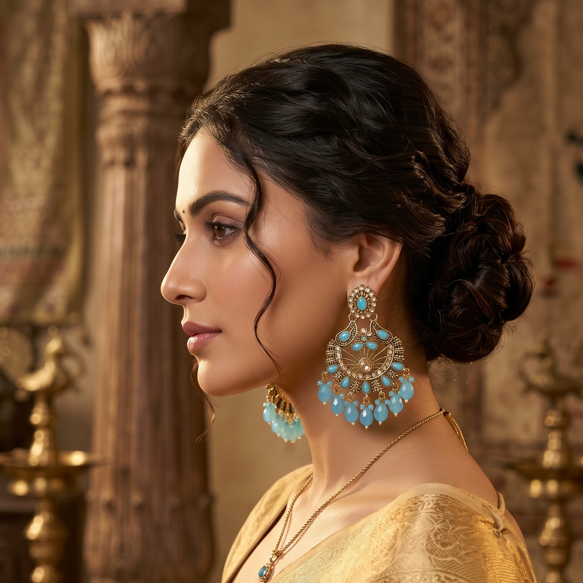 Antique Gold Multicolor Stone Chandbali Earrings with Beaded Drops