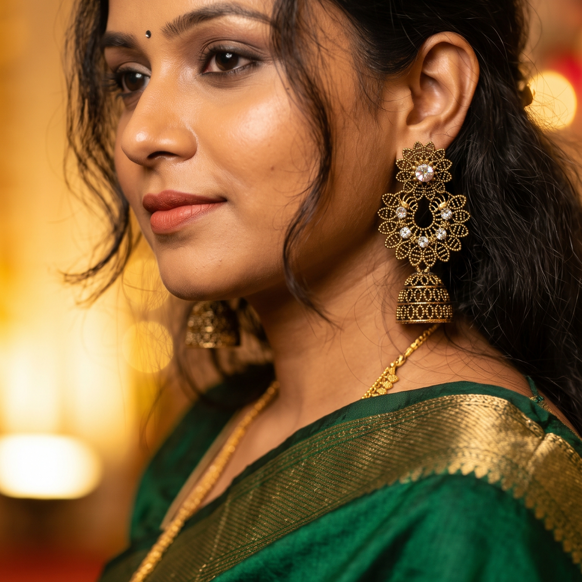 Traditional Antique Gold Floral Chandbali Jhumka Earrings with Crystal Stone Detailing