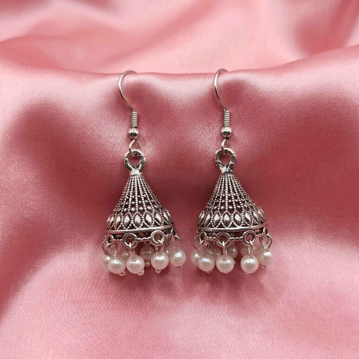 Oxidised Silver Pearl Jhumka Earrings