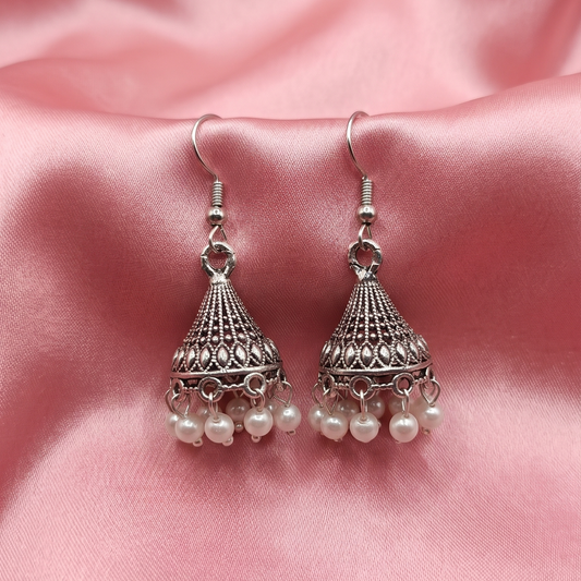 Oxidised Silver Pearl Jhumka Earrings