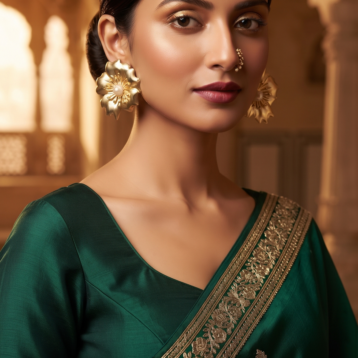 Elegant Gold-Tone Oversized Floral Statement Stud Earrings with Pearl Centre for Women