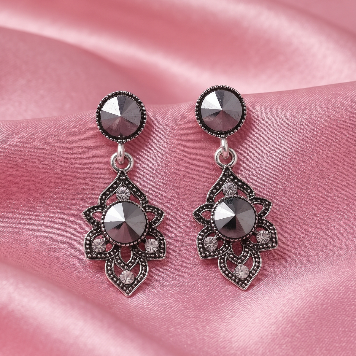 Oxidised Silver Black Stone Floral Drop Earrings