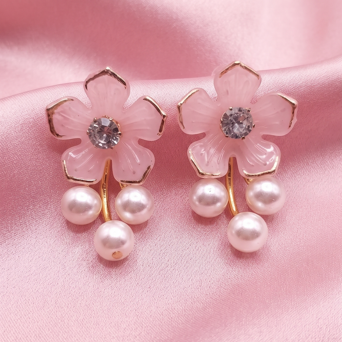 Elegant Floral Crystal Stud Earrings with Pearl Drops for Women