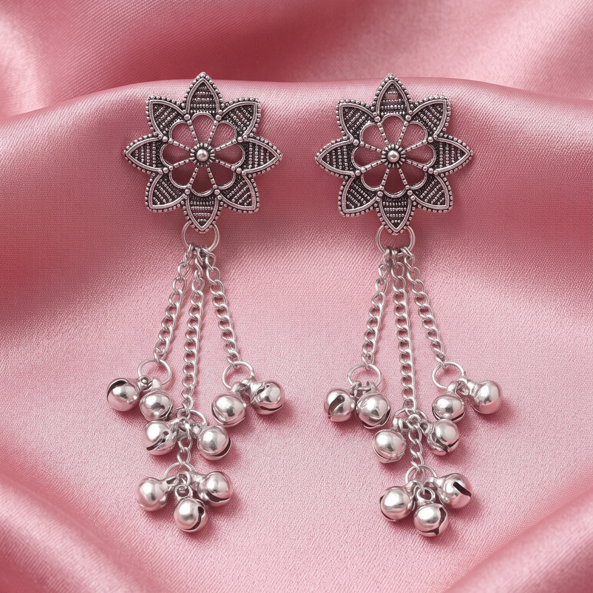 Traditional Oxidised Silver Floral Stud Long Chain Earrings with Ghungroo Charms for Women
