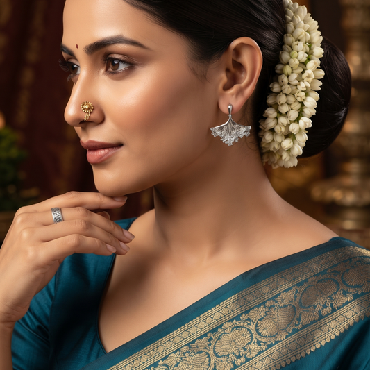 Modern Silver-Plated Crystal Leaf Stud Earrings