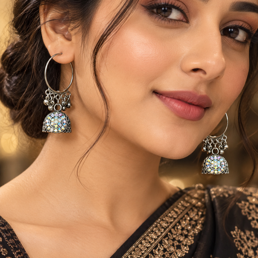 Traditional Oxidised Silver Hoop Earrings with Sparkling Stone Jhumka Drops