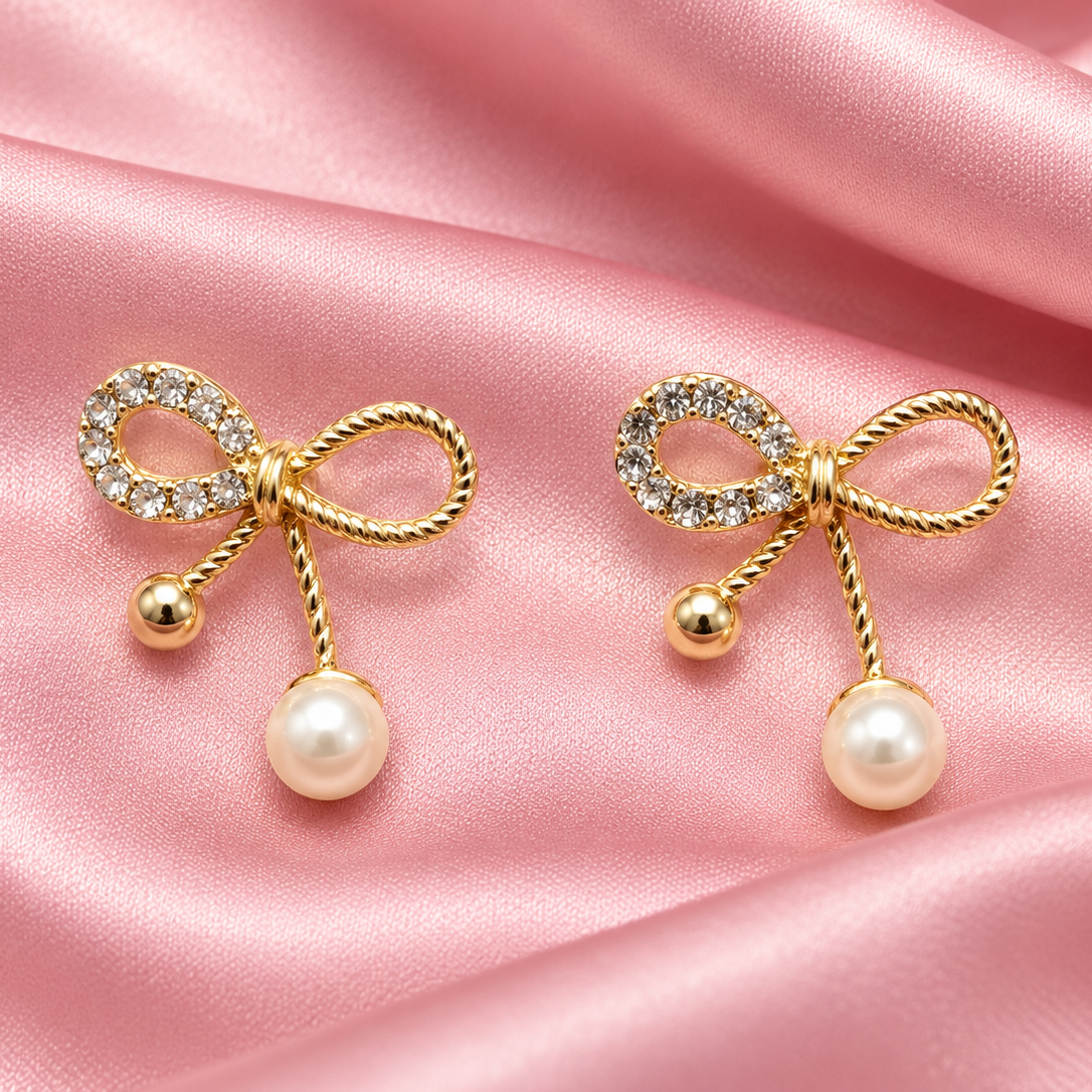 Elegant Gold-Plated Crystal Bow Earrings with Pearl Drops