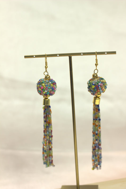 Colorful Beaded Ball Tassel Drop Earrings