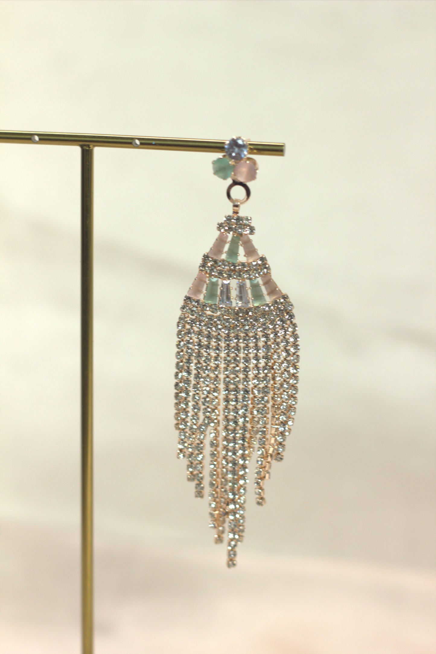 Rose Gold Crystal Fringe Statement Earrings with Pastel Stones