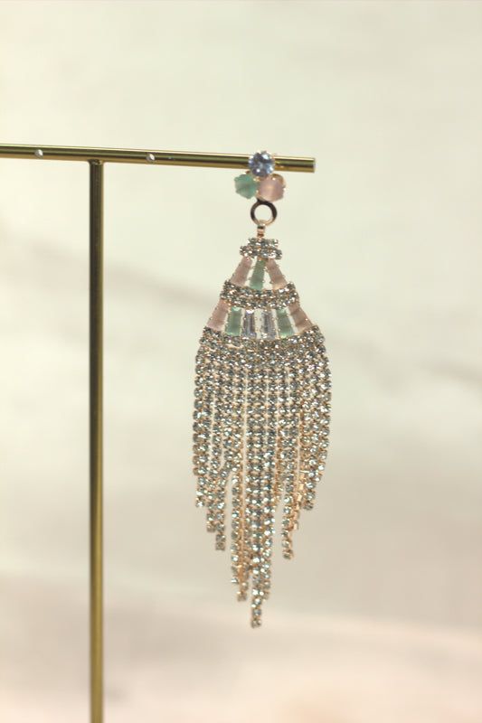 Rose Gold Crystal Fringe Statement Earrings with Pastel Stones