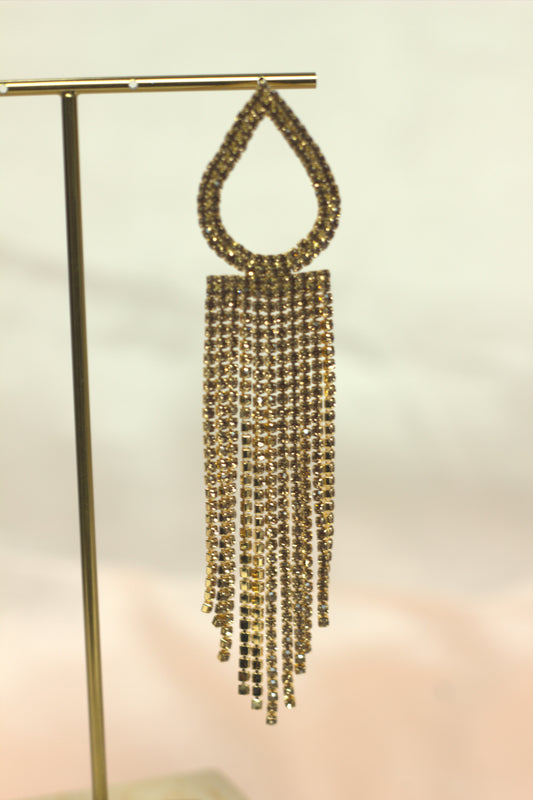 Gold Crystal Teardrop Long Tassel Statement Earringstement Earrings