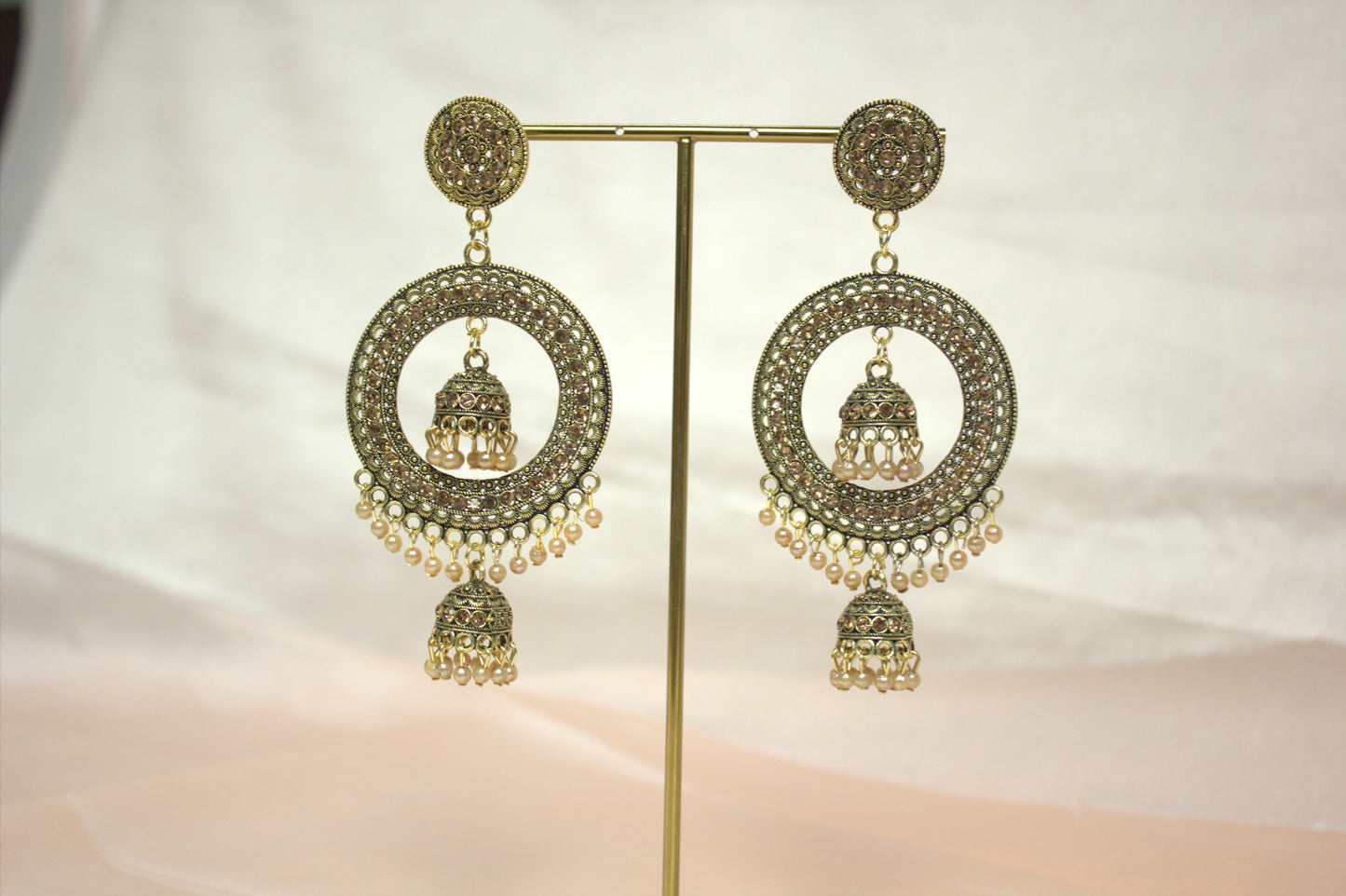 Antique Gold Stone Studded Chandbali Earrings with Pearl Detailing- Stainless Steel