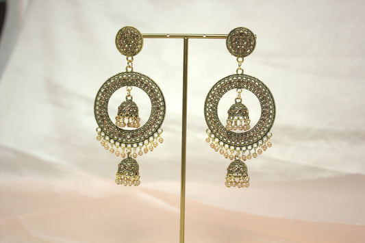Antique Gold Stone Studded Chandbali Earrings with Pearl Detailing- Stainless Steel