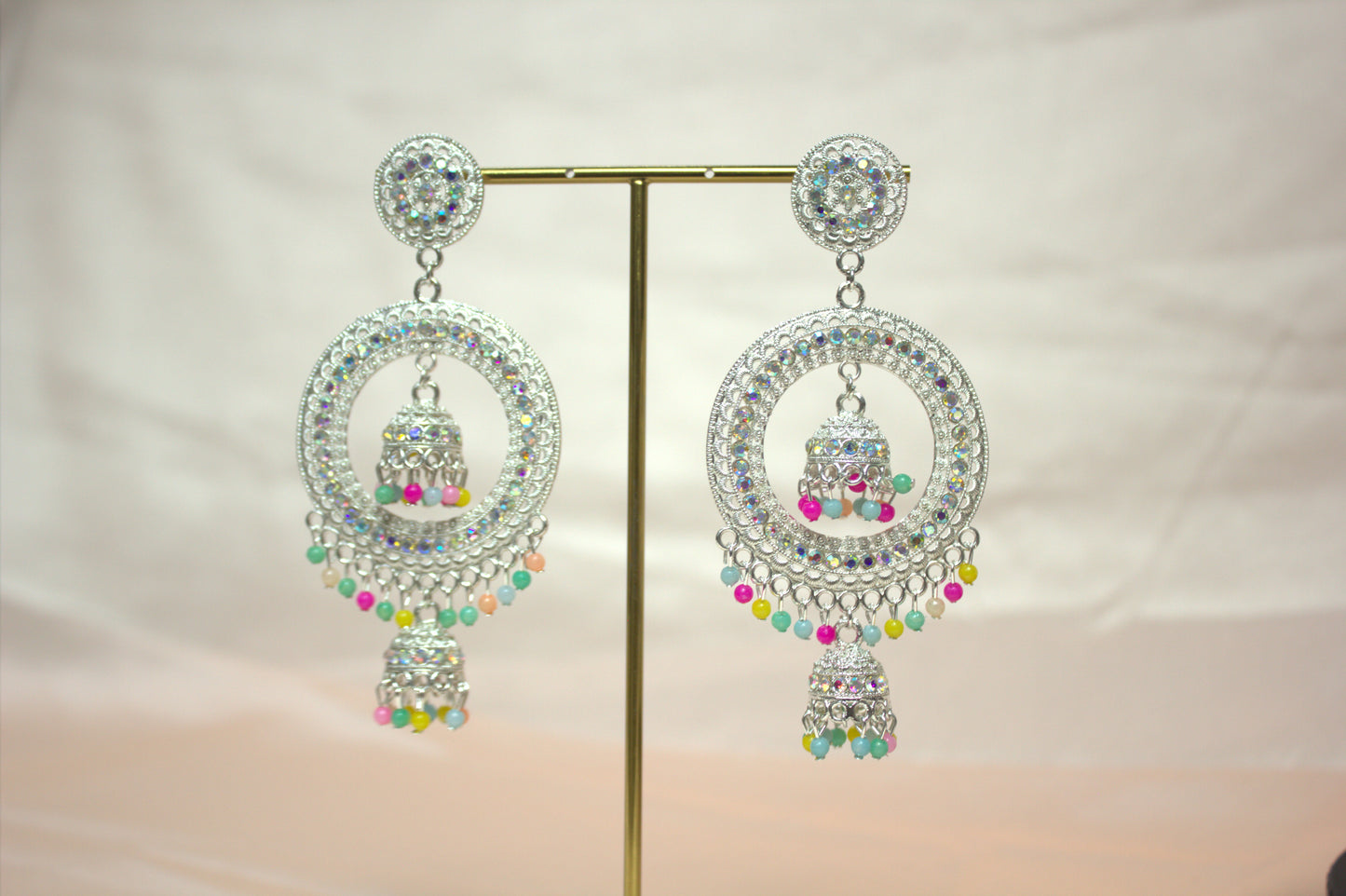 Antique Gold Stone Studded Chandbali Earrings with Pearl Detailing- Stainless Steel
