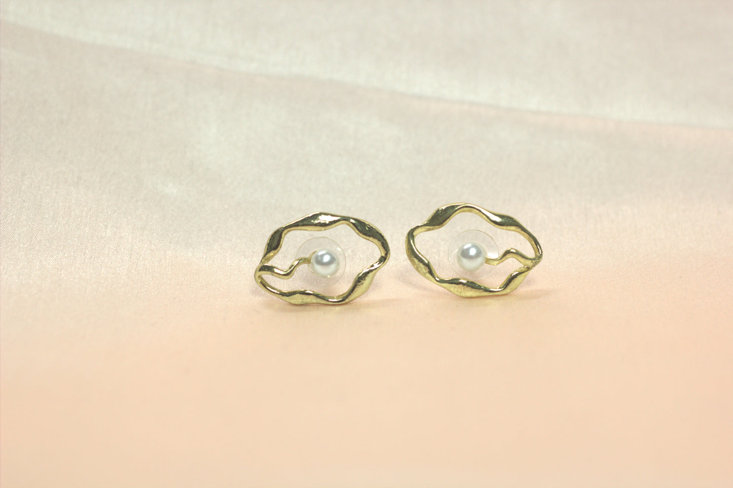 Abstract Molten Gold & Floating Pearl Stud Earrings