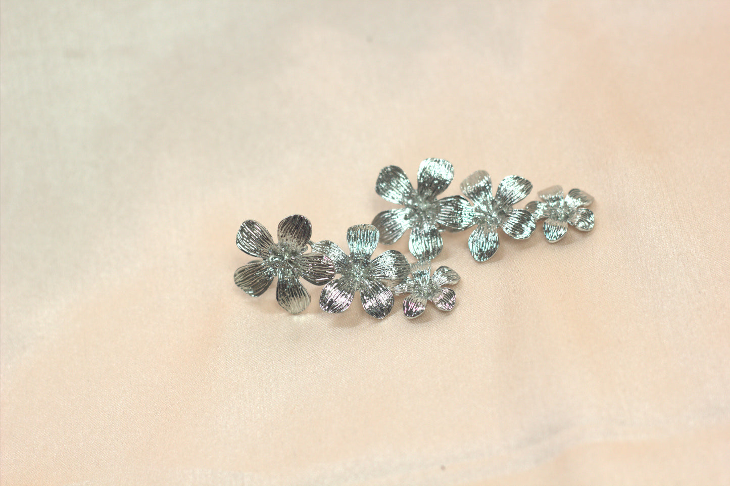 Silver Triple Bloom Climber Earrings – Textured Floral Studs- Stainless Steel
