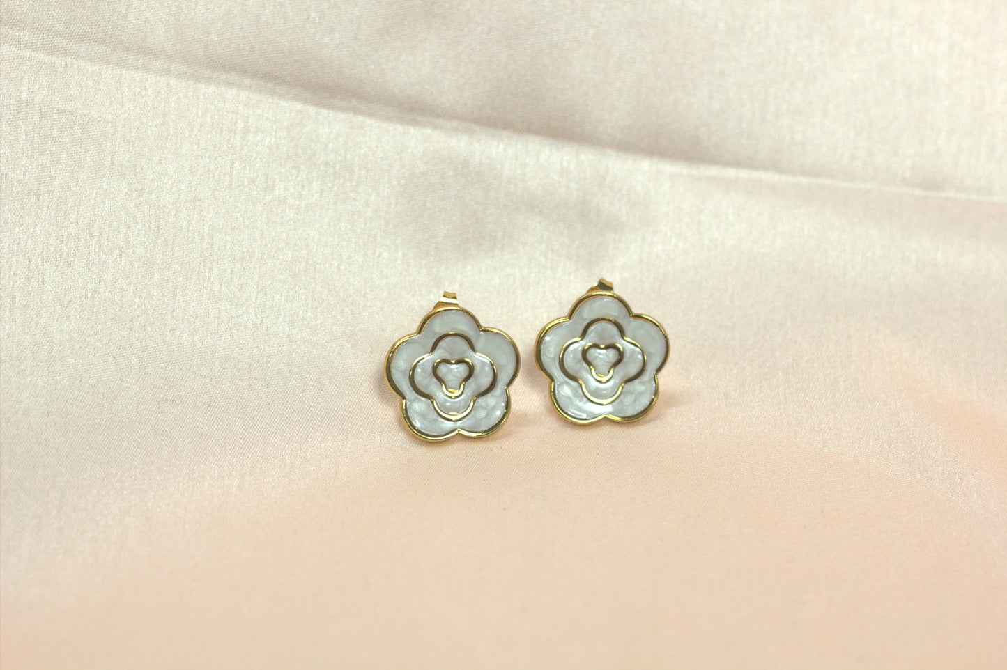 White Camellia Blossom Studs – Layered Gold & Enamel Flower Earrings