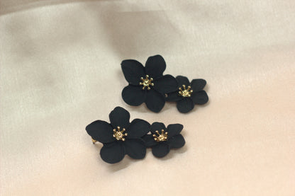 Midnight Bloom Floral Statement Earrings – Matte Black & Gold Finish