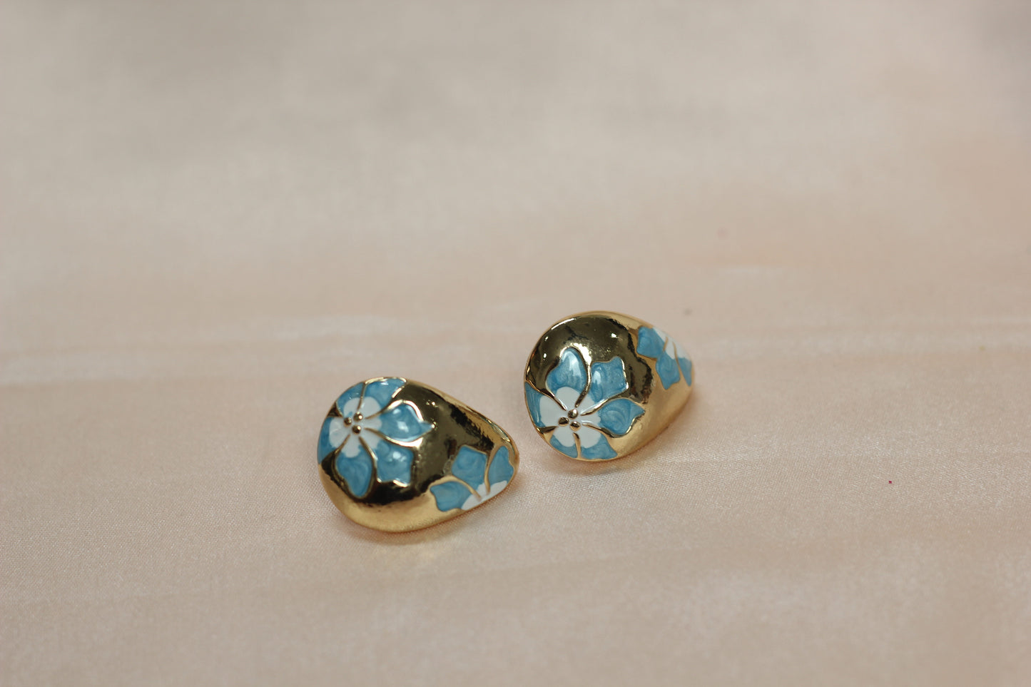 Teal Floral Gold-Tone Stud Earrings – Premium Gloss Designer Statement Studs