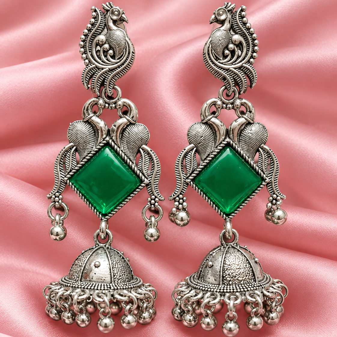 Oxidised Silver Peacock Jhumka Earrings